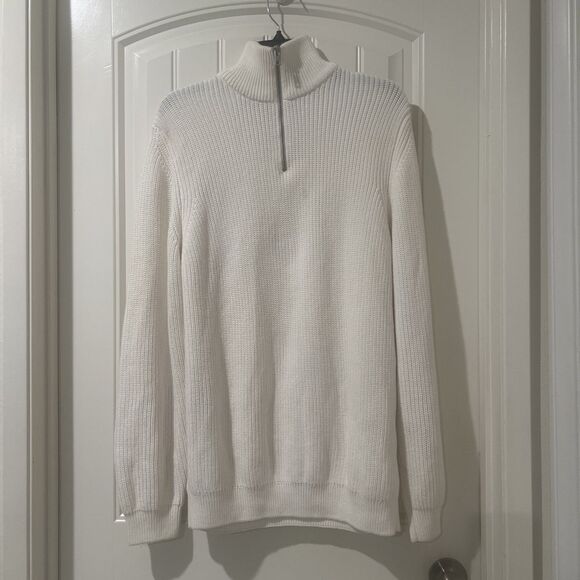 Zara High Neck Men’s Textured White Quarter Zip Jumper Sweater 100% Cotton Sz M - Picture 1 of 6
